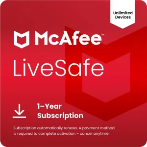 McAfee LiveSafe Unlimited Devices 2025 1-Year Subscription with Auto-Renewal | Security Software Includes Antivirus, Secure VPN, Scam Protection, Identity Monitoring | Download