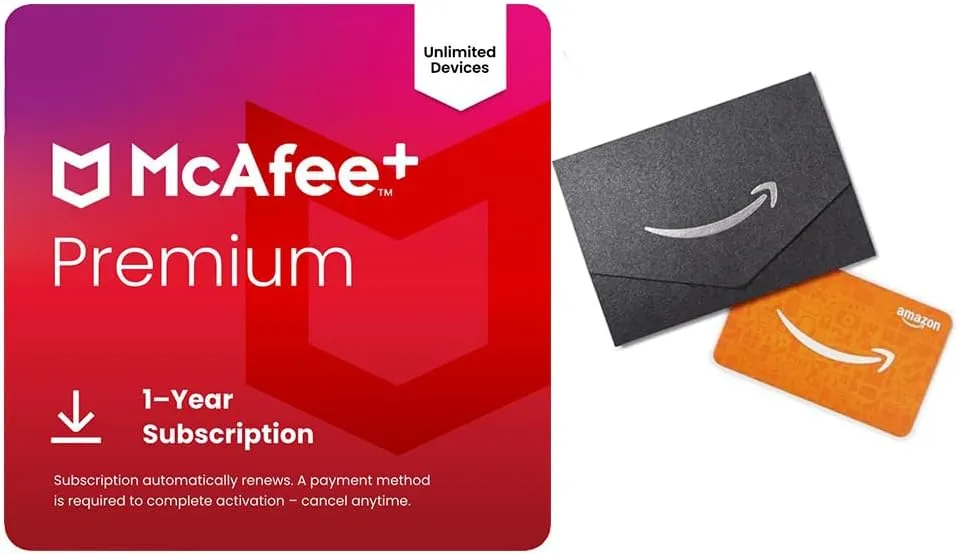 McAfee  Premium Individual Unlimited Devices   $20 Amazon Gift Card | Cybersecurity Software Includes Antivirus, Secure VPN, Identity Monitoring, Scam Protection | Download
