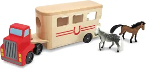 Melissa & Doug Horse Carrier Wooden Vehicle Play Set With 2 Flocked Horses and Pull-Down Ramp Horse Figures, Wooden Trailer Toy For Kids Ages 3 