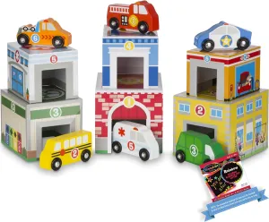 Melissa & Doug﻿ Nesting & Sorting Buildings & Vehicles: Activity Kit Bundle with 1 Theme Compatible M&D Scratch Fun Mini-Pad (03576)