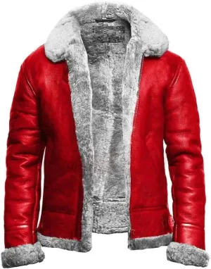 Men’s Handmade Christmas Holiday A2 Bomber RAF Aviator Faux Fur Lining Genuine Red Leather Jacket