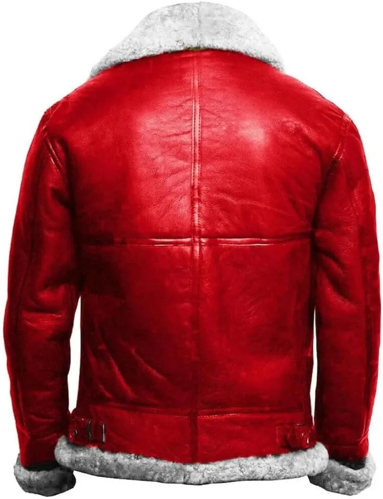 Men’s Handmade Christmas Holiday A2 Bomber RAF Aviator Faux Fur Lining Genuine Red Leather Jacket