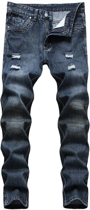 Men's Ripped Jeans Casual Stretch Button Zipper Pants with Pockets Relaxed Fit Denim Pants Boys Trendy Streetwear Jeans