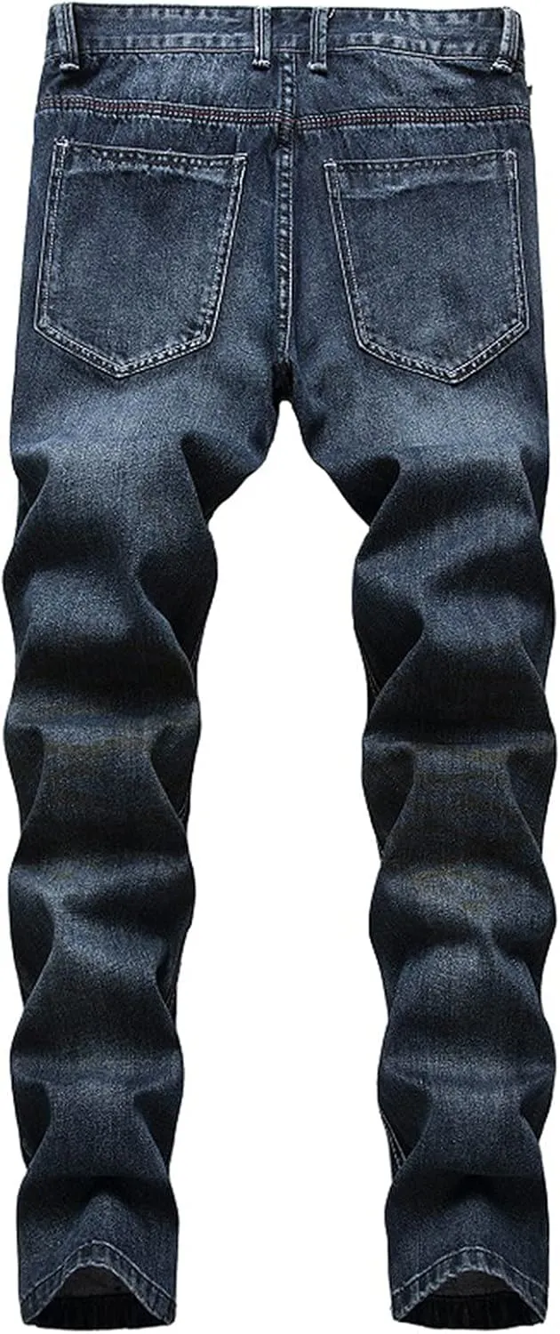 Men's Ripped Jeans Casual Stretch Button Zipper Pants with Pockets Relaxed Fit Denim Pants Boys Trendy Streetwear Jeans