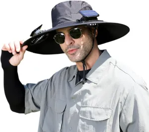 Men's Solar Cooling Hat - Wide-Brimmed Visor with 2 Fans, Waterproof Fishing hat with Built-in Solar Panel.