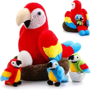 Meooeck 7 Pcs Macaw Parrot Plush Toys Set 13 Inch Zippered Mommy Parrot Stuffed Animal with Nest Egg and 3 Cute Baby Plushies Gifts for Kids Birthday Hawaii Party Decor