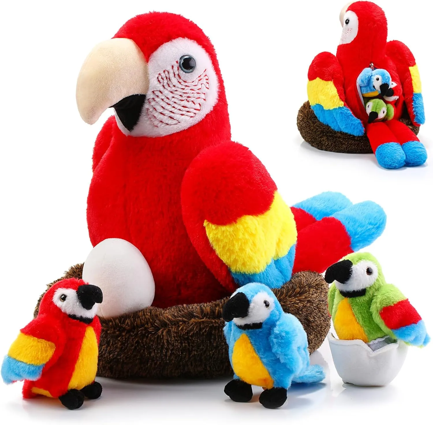 Meooeck 7 Pcs Macaw Parrot Plush Toys Set 13 Inch Zippered Mommy Parrot Stuffed Animal with Nest Egg and 3 Cute Baby Plushies Gifts for Kids Birthday Hawaii Party Decor