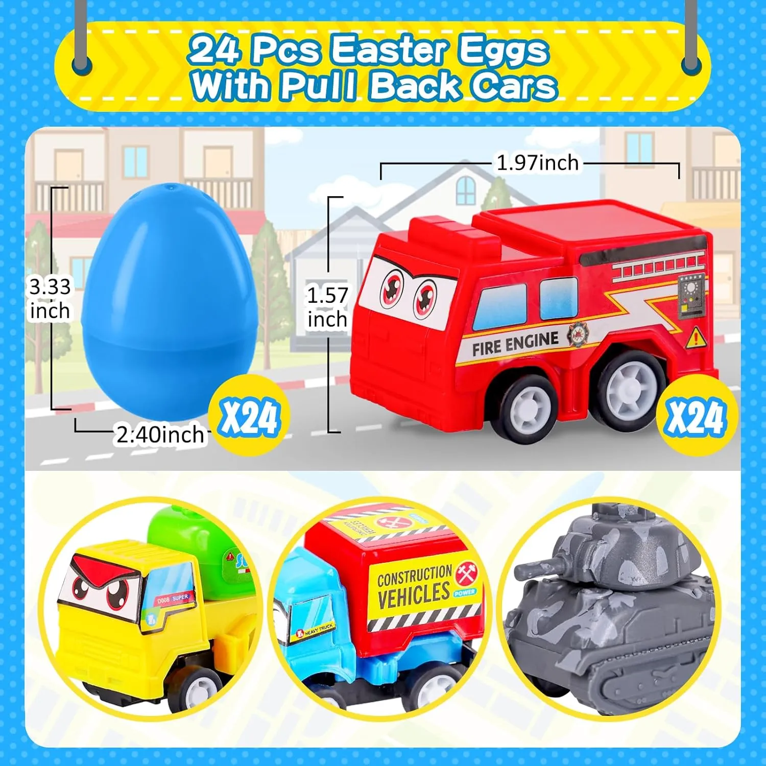 MGparty 24 Pack Prefilled Easter Eggs with Car Toys for Kids Bulk Plastic Eggs Pull Back City Truck Vehicles Easter Goodie Bags Stuffers for Toddlers Boys Girls
