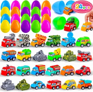 MGparty 24 Pack Prefilled Easter Eggs with Car Toys for Kids Bulk Plastic Eggs Pull Back City Truck Vehicles Easter Goodie Bags Stuffers for Toddlers Boys Girls