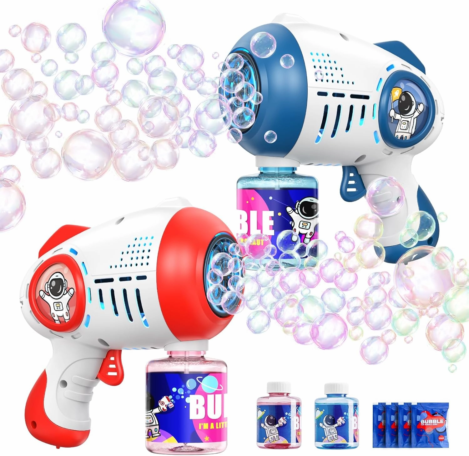Minetom 2 Bubble Guns for Kids Toddlers with 2 Bottles Bubble Solution, 360-Degree Leak-Proof Design Bubble Blower for Party Favors, Summer Toy, Outdoors Activity