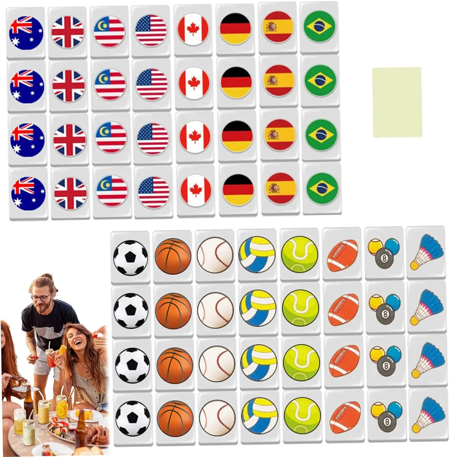 Mini Mahjong Set 64Pcs Flag ＆ Ball Pattern Mahjong Tiles Escape Game 24mm Travel Set Reusable Block Game for Spring Picnic Party Gift