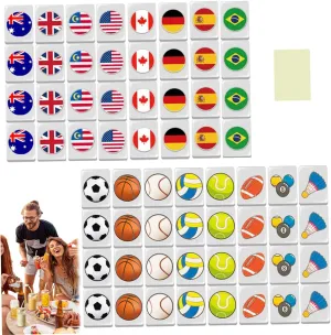 Mini Mahjong Set 64Pcs Flag ＆ Ball Pattern Mahjong Tiles Escape Game 24mm Travel Set Reusable Block Game for Spring Picnic Party Gift
