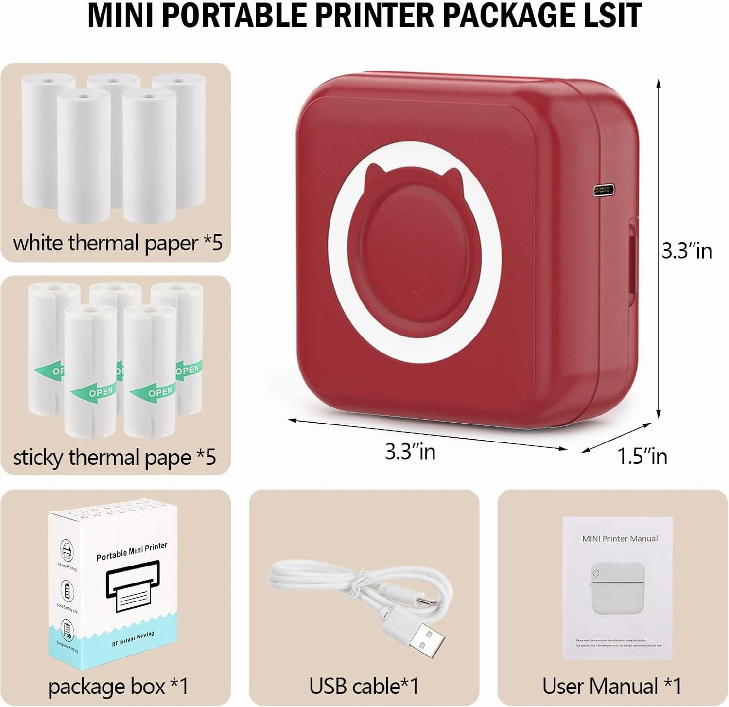 Mini Sticker Printer - Mini Pocket Printers for iPhone Thermal Printing with 10 Rolls Thermal Paper for Journal, Memo, Photo, Dark Red