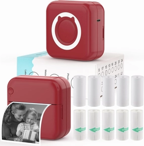 Mini Sticker Printer - Mini Pocket Printers for iPhone Thermal Printing with 10 Rolls Thermal Paper for Journal, Memo, Photo, Dark Red