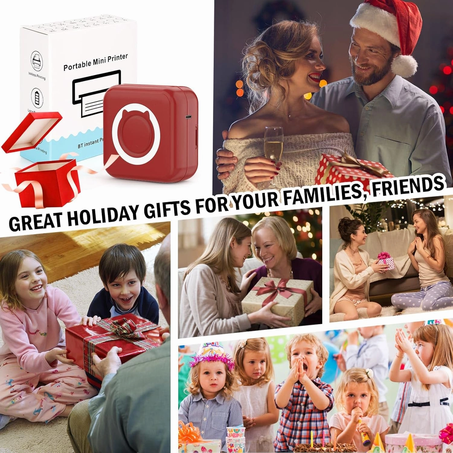 Mini Sticker Printer - Mini Pocket Printers for iPhone Thermal Printing with 10 Rolls Thermal Paper for Journal, Memo, Photo, Dark Red