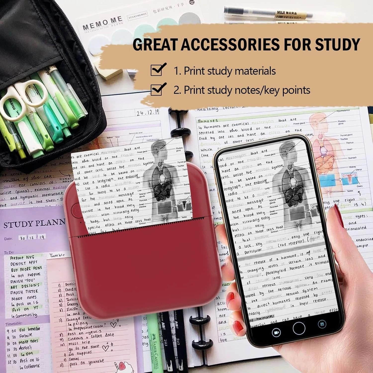 Mini Sticker Printer - Mini Pocket Printers for iPhone Thermal Printing with 10 Rolls Thermal Paper for Journal, Memo, Photo, Dark Red