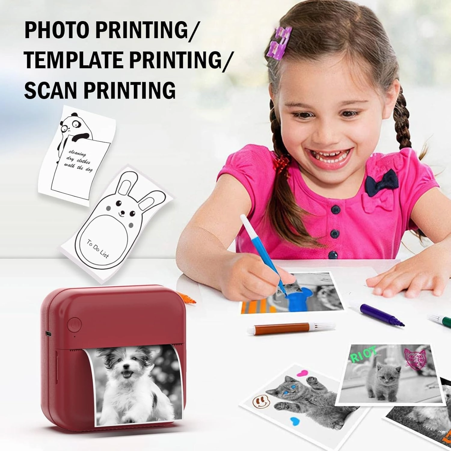 Mini Sticker Printer - Mini Pocket Printers for iPhone Thermal Printing with 10 Rolls Thermal Paper for Journal, Memo, Photo, Dark Red