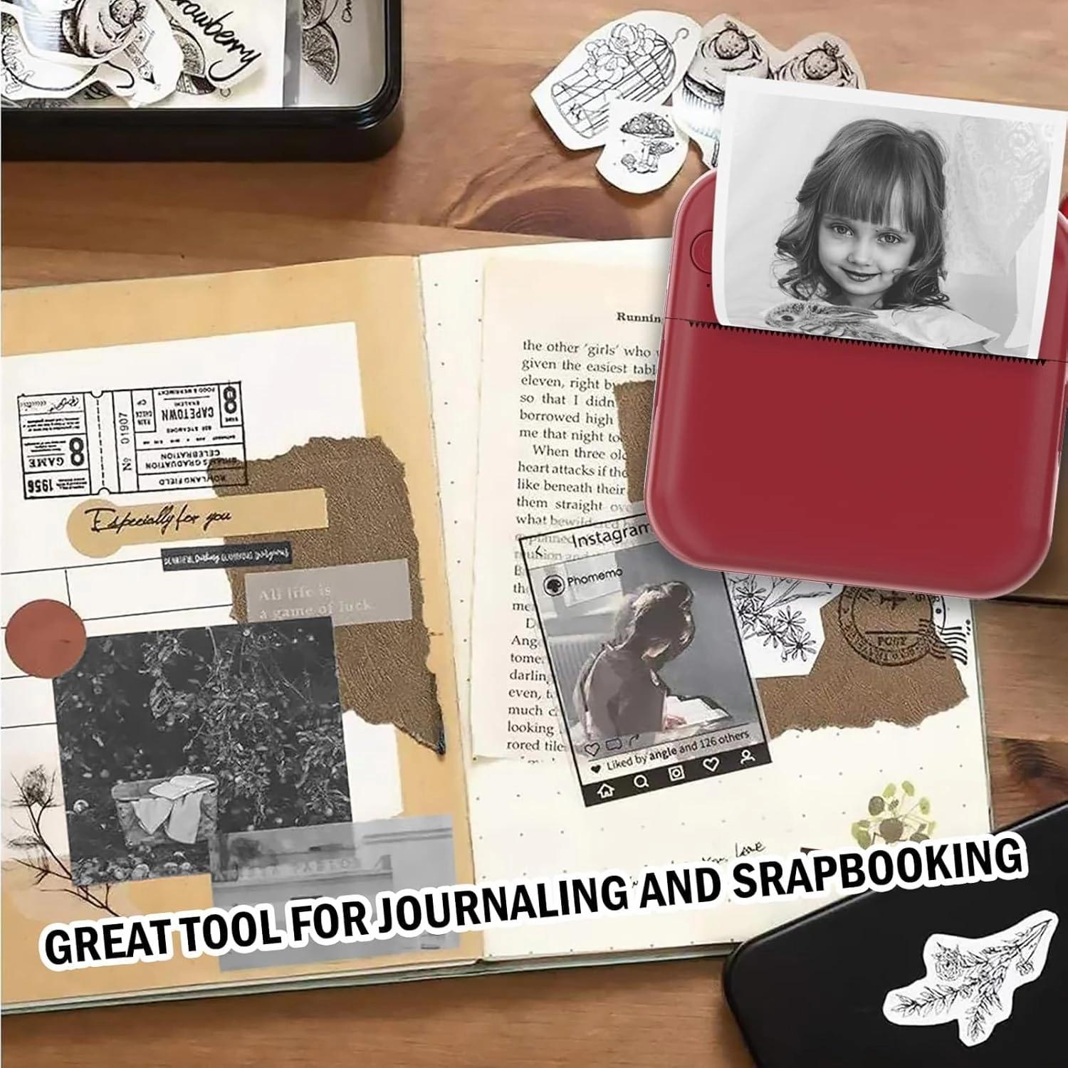 Mini Sticker Printer - Mini Pocket Printers for iPhone Thermal Printing with 10 Rolls Thermal Paper for Journal, Memo, Photo, Dark Red