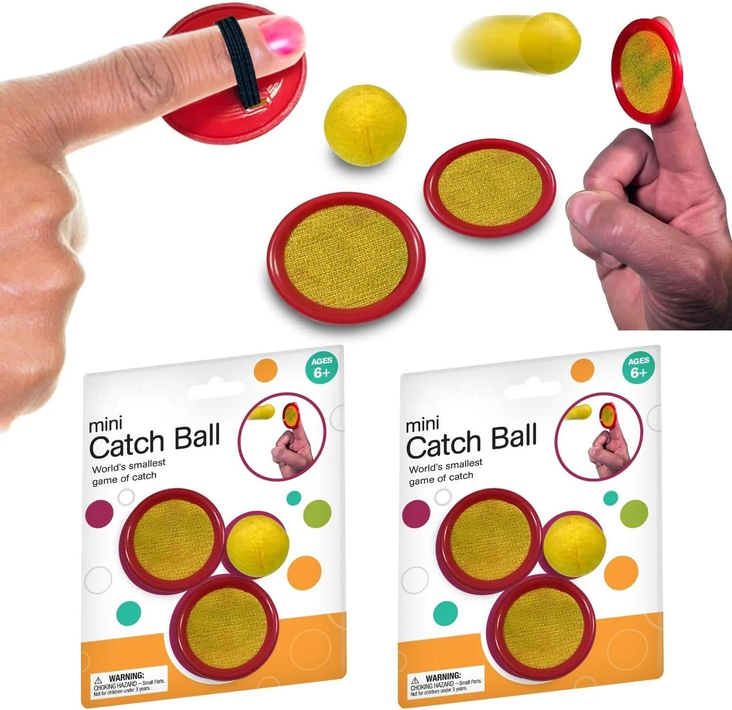 Miniature Pocket Catch Ball Set - Ball Game Set of 4 Finger Catchers and 2 Balls - Fun Catch Games For Kids, Indoor Games, Outdoor Games, Beach Games, Party Favors - Mini Toy for Home or Office Play
