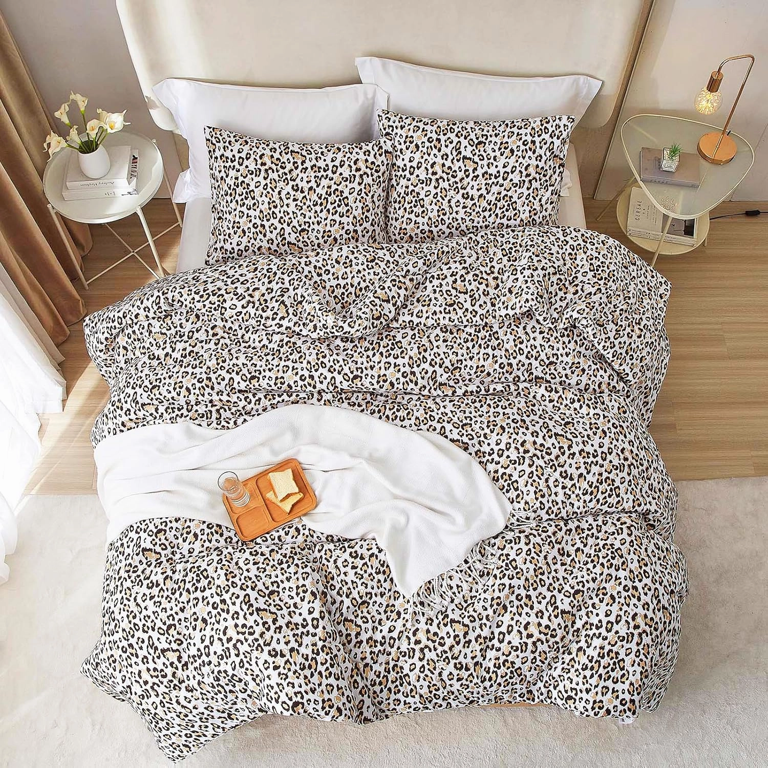 mixinni Black Brown Leopard Print Comforter Set Queen Size Women Ultra Soft Wildlife Animal Cheetah Print Comforter Men Abstract Bedding Set with 2 Pillowcases for All Seasons-Queen Size