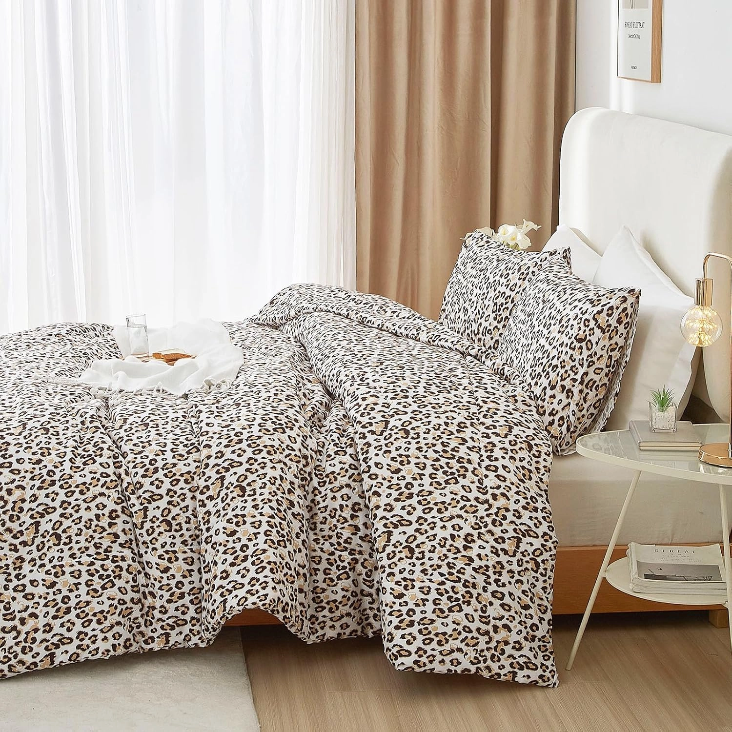 mixinni Black Brown Leopard Print Comforter Set Queen Size Women Ultra Soft Wildlife Animal Cheetah Print Comforter Men Abstract Bedding Set with 2 Pillowcases for All Seasons-Queen Size