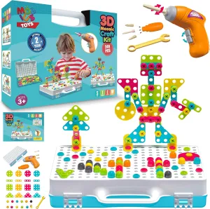 Mobius 249 PCS STEM Learning Toys – Electric Drill DIY Educational Set, Creative Engineering with Various Shapes and 5 Toy Tools – 2&3D Mosaic Construction Kit for Toddlers, Boys, and Girls Ages 3-9