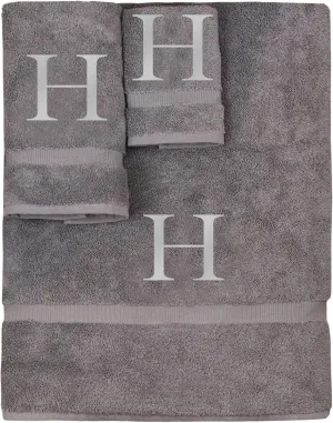 Monogrammed Towel Set, Personalized Gift, Set of 3- Silver Block Letter Embroidered Towel - Extra Absorbent 100% Turkish Cotton - Soft Terry Finish - Initial H Gray