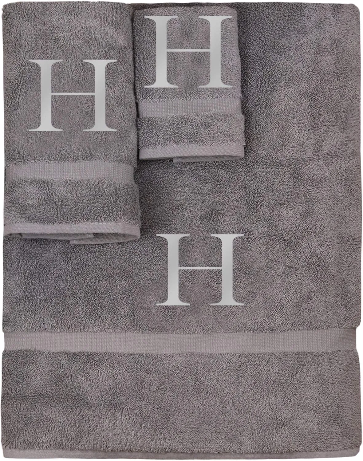 Monogrammed Towel Set, Personalized Gift, Set of 3- Silver Block Letter Embroidered Towel - Extra Absorbent 100% Turkish Cotton - Soft Terry Finish - Initial H Gray