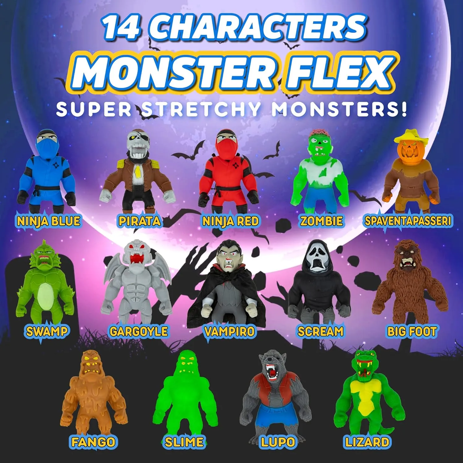 Monster Flex Stretchy Toys For Boys and Girls - 14 Unique Spooky Stretch Monsters - Stretch Guy Toys For Kids Birthday Gift Party Favors, Sensory Fidget Stress Toys for Kids - Series 2 (Reptile Man)