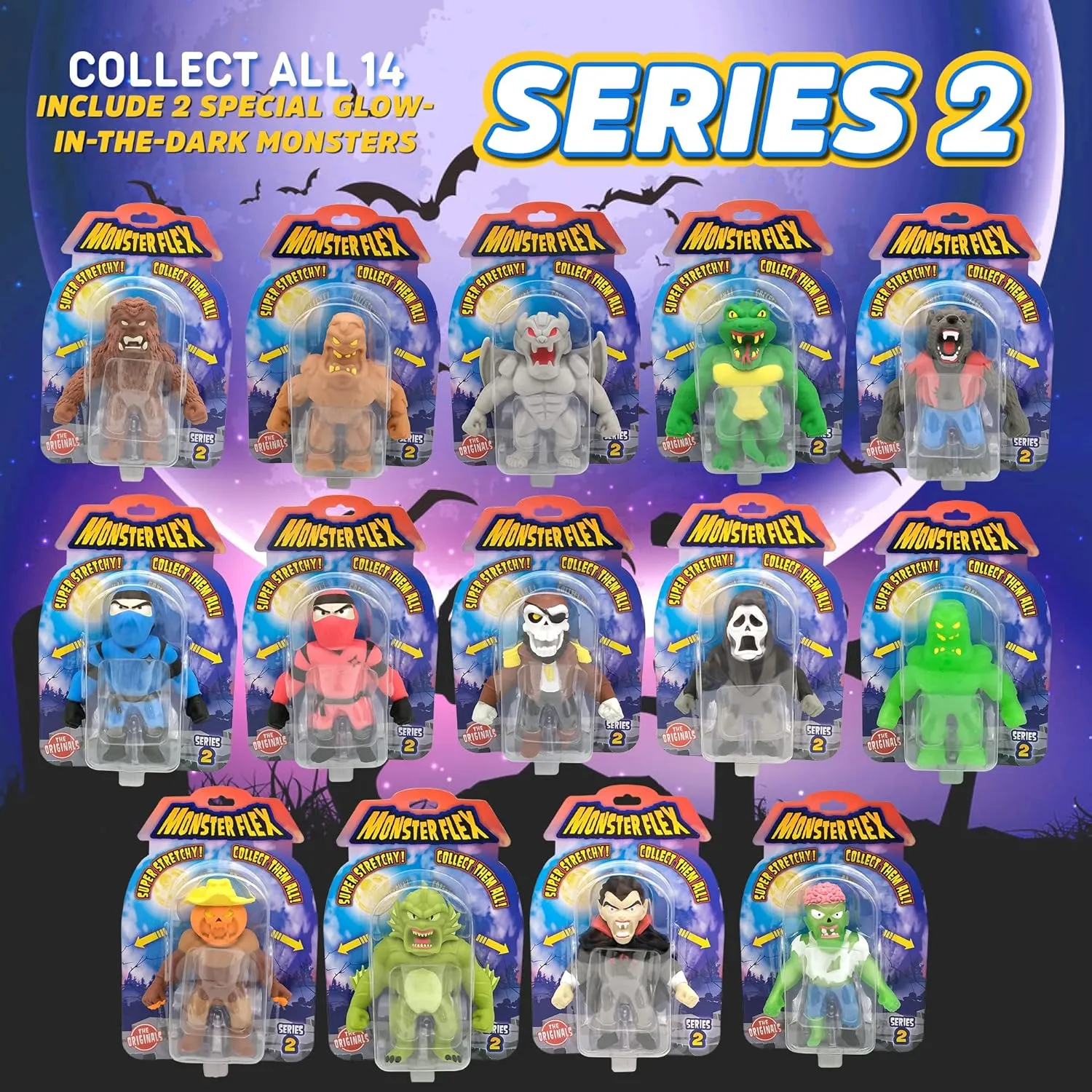 Monster Flex Stretchy Toys For Boys and Girls - 14 Unique Spooky Stretch Monsters - Stretch Guy Toys For Kids Birthday Gift Party Favors, Sensory Fidget Stress Toys for Kids - Series 2 (Reptile Man)
