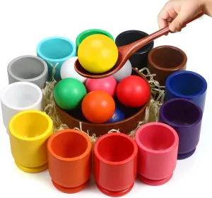 Montessori Large Balls in Cups Toy Wooden Color Sorting Toy 12 Balls 40mm Matching and Counting Toy