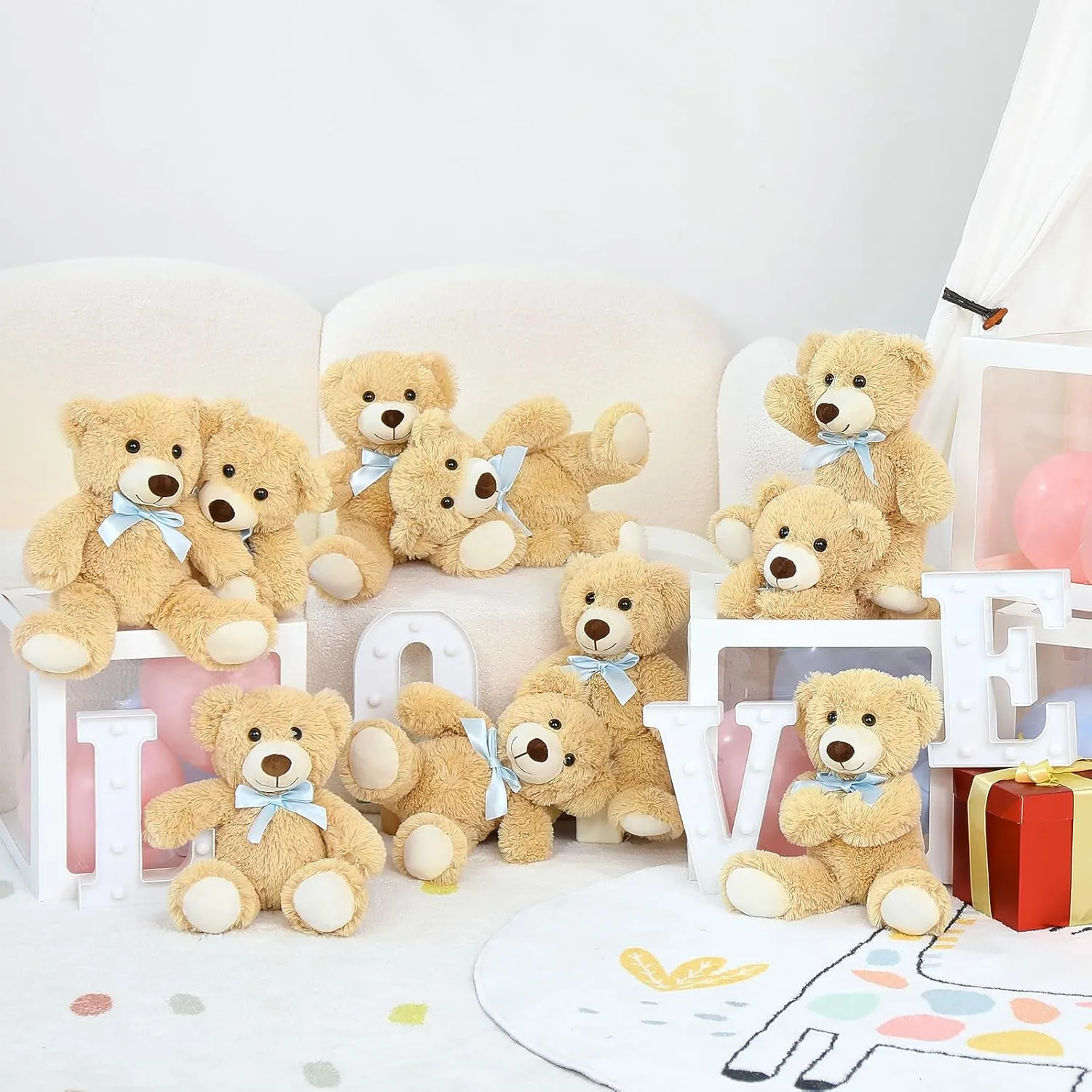 MorisMos Bulk Teddy Bear for Baby Shower,10-Pack Teddy Bear Stuffed Animals Bulk,14 in Teddy with Baby Blue Bow,Soft Stuffed Animal Wholesale for Birthday Christmas Valentine's,Brown
