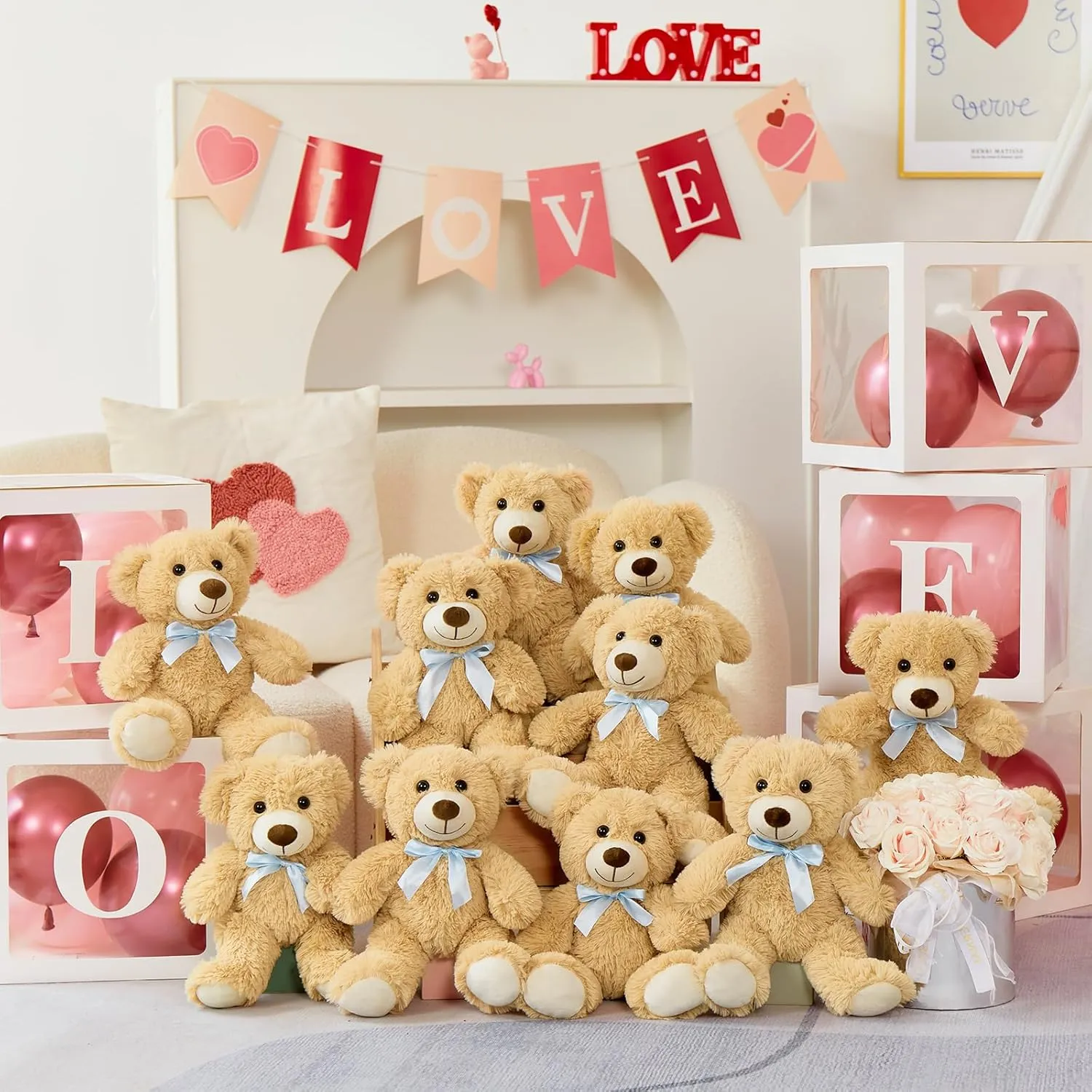 MorisMos Bulk Teddy Bear for Baby Shower,10-Pack Teddy Bear Stuffed Animals Bulk,14 in Teddy with Baby Blue Bow,Soft Stuffed Animal Wholesale for Birthday Christmas Valentine's,Brown