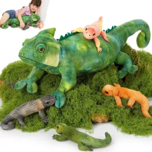 MorisMos Plush Lizard Stuffed Animals, 27'' Giant Mommy Chameleon Stuffed Animal with 4 Baby Lizard Toys for Kid Girl Boy, Realistic Large Iguana Mom, Cute Gecko Toys Gift for Kid Birthday Christmas