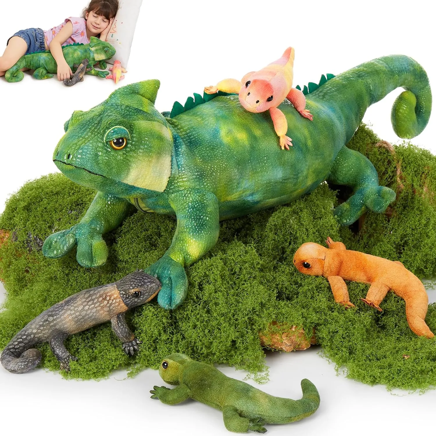 MorisMos Plush Lizard Stuffed Animals, 27'' Giant Mommy Chameleon Stuffed Animal with 4 Baby Lizard Toys for Kid Girl Boy, Realistic Large Iguana Mom, Cute Gecko Toys Gift for Kid Birthday Christmas