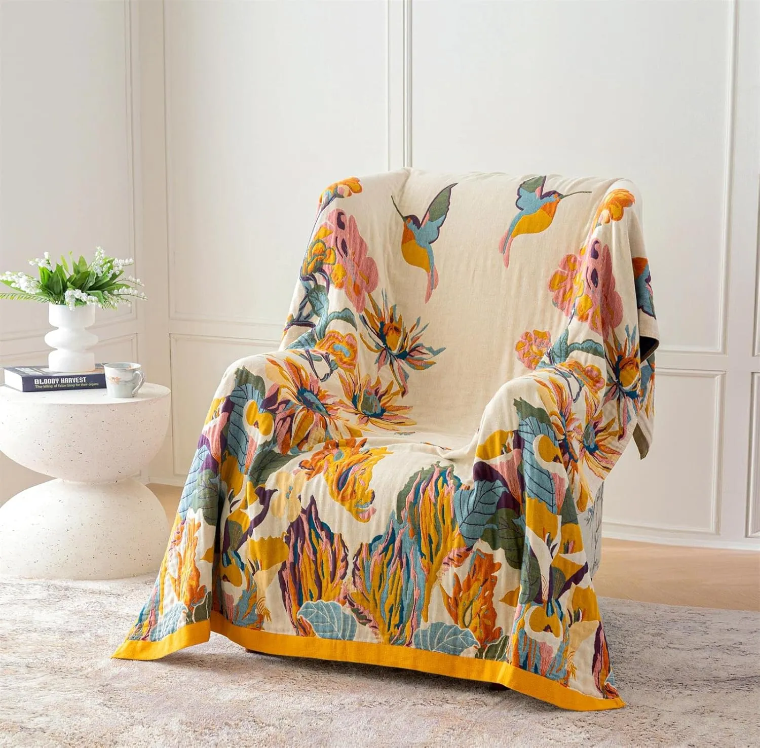 MSGKV Boho Throw Blanket 60''x80'',100% Cotton Blankets for Couch Bed,Cotton Quilt Travel Muslin Blankets Farmhouse Home Decor Soft Lightweight Picnic Blanket