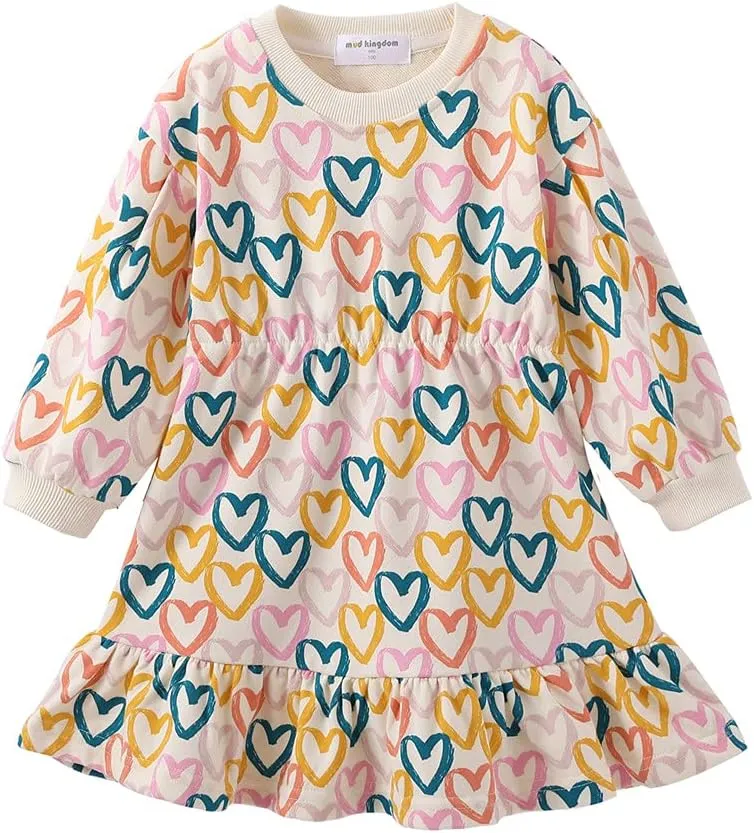 Mud Kingdom Little Girls Love Heart Smocked Sweatshirt Dress Long Sleeve Colorful