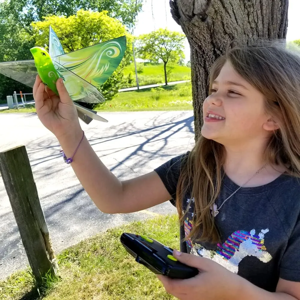 MUKIKIM eBird Green Parrot - Flying RC Bird Drone Toy for Kids. Indoor/Outdoor Remote Control Bionic Flapping Wings Bird Helicopter. USB Recharging.