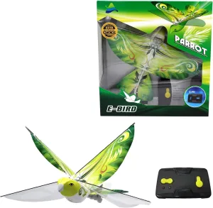 MUKIKIM eBird Green Parrot - Flying RC Bird Drone Toy for Kids. Indoor/Outdoor Remote Control Bionic Flapping Wings Bird Helicopter. USB Recharging.