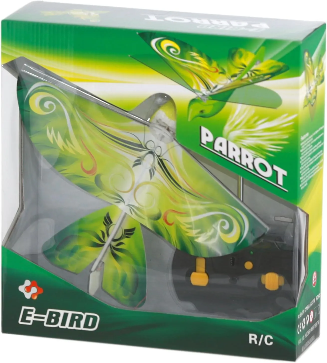 MUKIKIM eBird Green Parrot - Flying RC Bird Drone Toy for Kids. Indoor/Outdoor Remote Control Bionic Flapping Wings Bird Helicopter. USB Recharging.