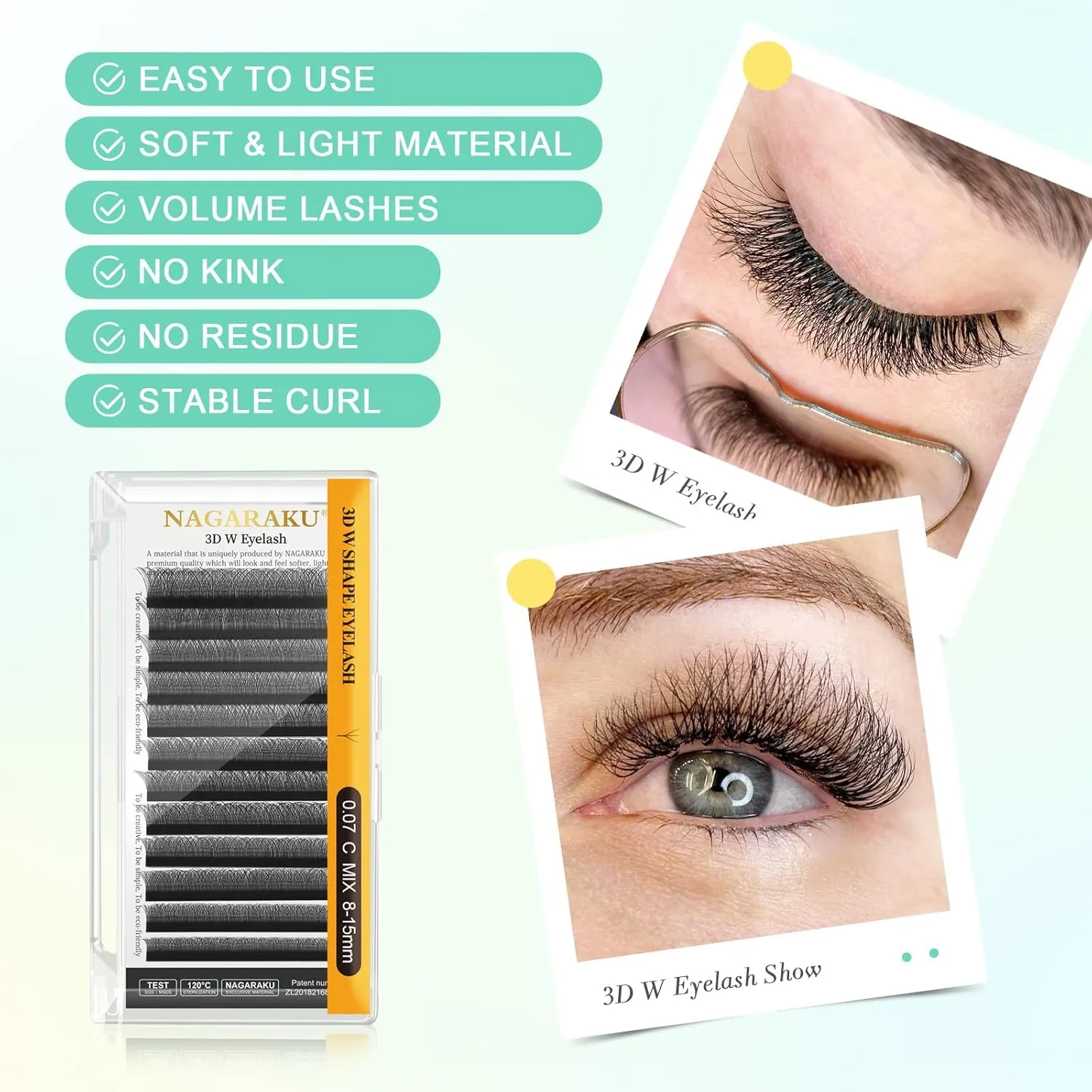 NAGARAKU 3D W Shape Eyelash Extension 5 Trays in 1 pack Volume 0.07mm D curl 9/10/11/12/13mm Premade Fans Faux Mink Matte Black Cluster Easy Fanning False Lashes