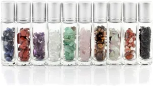 Natural Gemstones 10ML Essential Oil Roller Bottles Clear Glass Roll-on Bottles Gemstone Perfume Sample Vials with Crystal Stone Roller Balls & Healing Crystal Chips Inside 10PACK