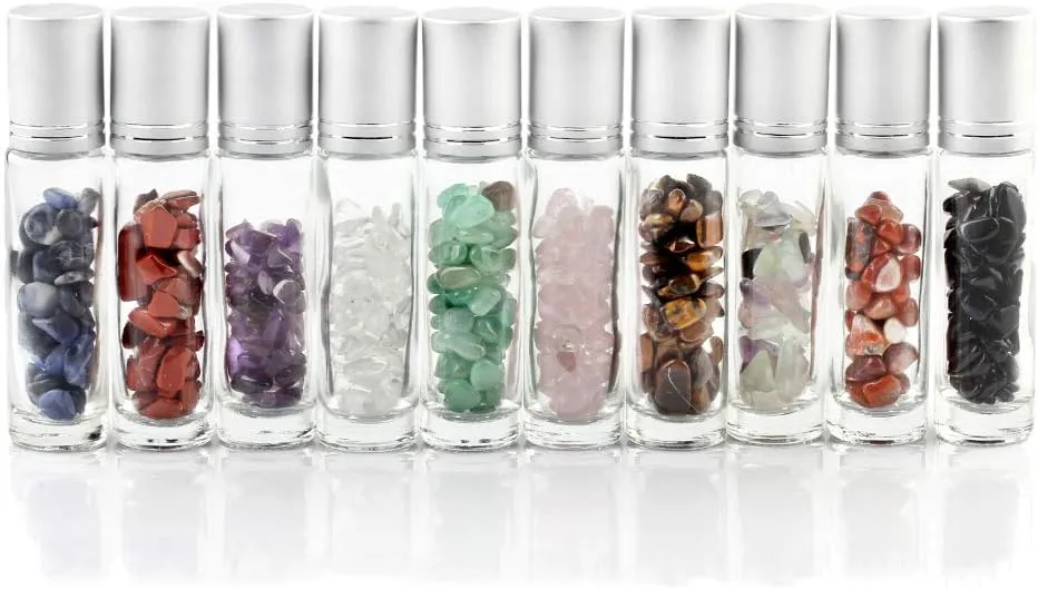 Natural Gemstones 10ML Essential Oil Roller Bottles Clear Glass Roll-on Bottles Gemstone Perfume Sample Vials with Crystal Stone Roller Balls & Healing Crystal Chips Inside 10PACK