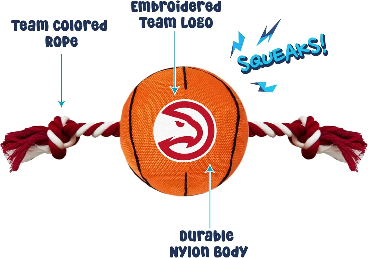 NBA Atlanta Hawks Basketball Toy. - Tough Nylon Pet Toy with Tug Ropes & Inner Squeaker