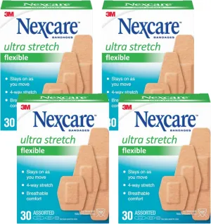 Nexcare Comfort Flexible Fabric Adhesive Bandages, Assorted Sizes, Latex-Free, 30 Count (Pack of 4)