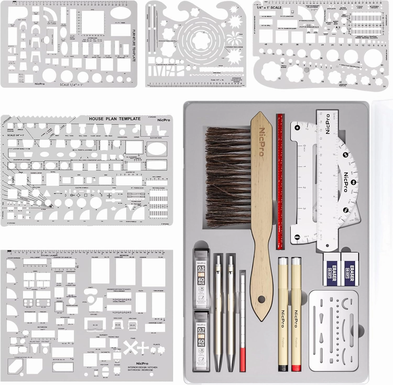 Nicpro 21PCS Professional Drafting Tools & Geometry Set with Case, Architect Compass & Protractor Set, Metal Pencils, Pens, Scale Ruler Metal Ruler, 5 Drawing Templates for Interior House Plan Design