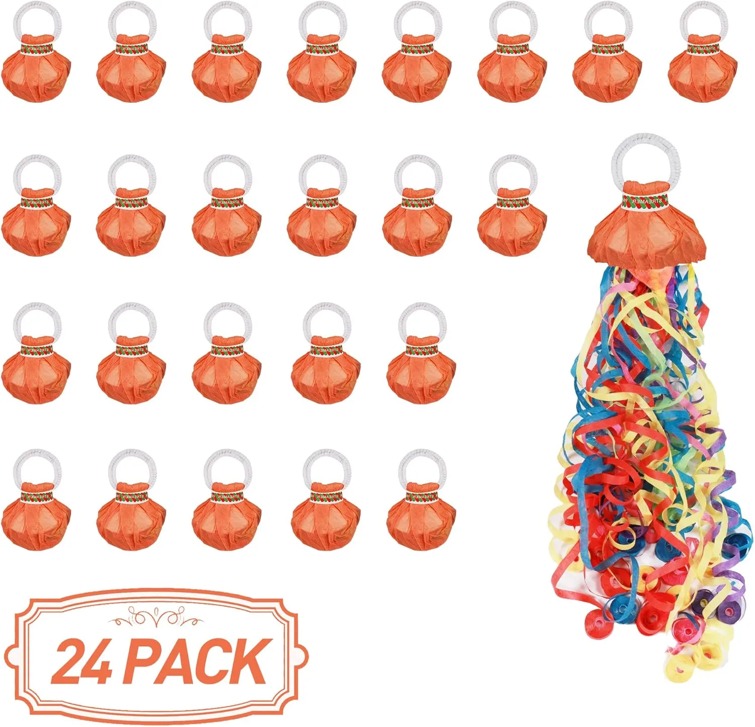 No Mess Streamers - 24Pack Colorful Confetti Ribbon for Birthday, Wedding, Celebrations, School Opening, Graduation, Retirement Party (Orange Multicolor 24pack)