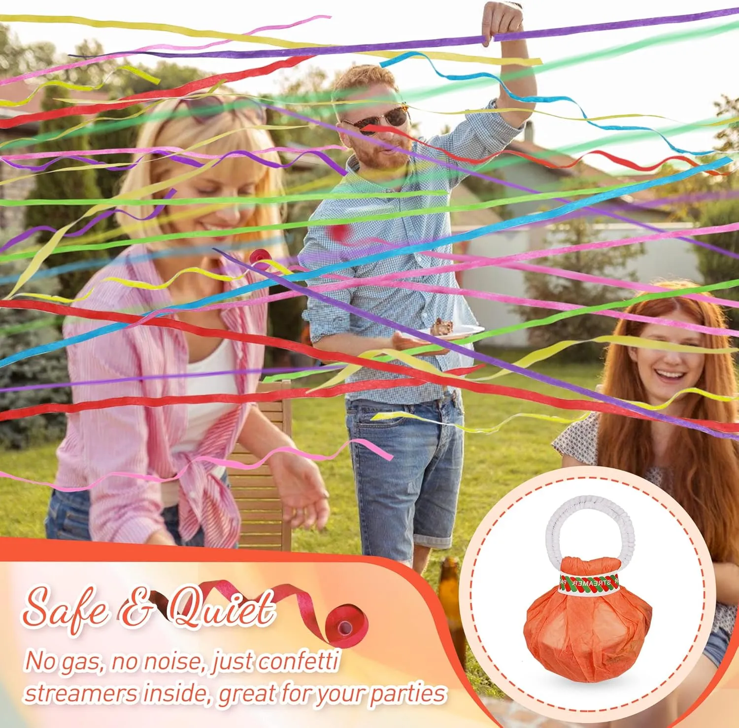 No Mess Streamers - 24Pack Colorful Confetti Ribbon for Birthday, Wedding, Celebrations, School Opening, Graduation, Retirement Party (Orange Multicolor 24pack)
