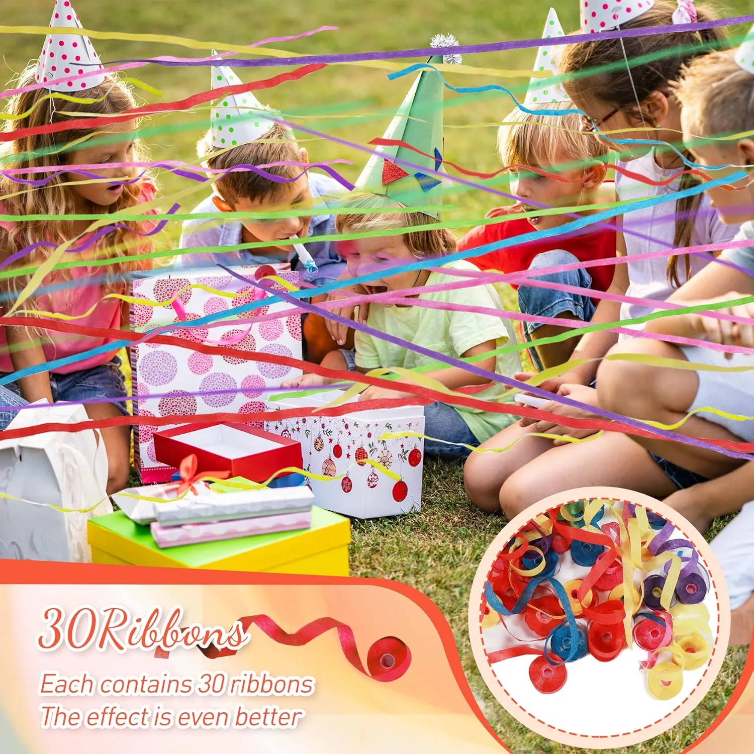 No Mess Streamers - 24Pack Colorful Confetti Ribbon for Birthday, Wedding, Celebrations, School Opening, Graduation, Retirement Party (Orange Multicolor 24pack)