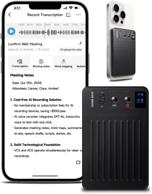 Note AI Voice Recorder, No Fees ChatGPT Transcription/Summary & 30 Smart Templates, App/Web Sync Voice to Text Recorder with 107 Languages & 64GB Memory, Ideal for Work, Lectures, Meetings, Calls